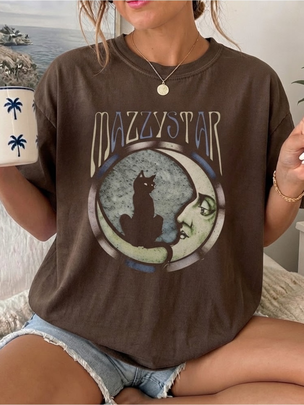 Mazzy Star Cat & Moon Graphic T-Shirt Dark Chocolate Unisex